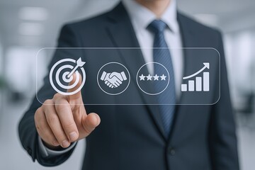 Businessman in formal suit using transparent interface with goals and strategy icons.