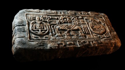 Ancient stone tablet with intricate carvings, isolated on black background.