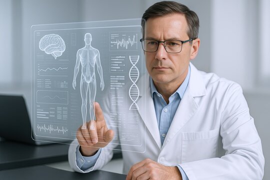 Medical researcher scientist analyzing futuristic digital human body and DNA scan.