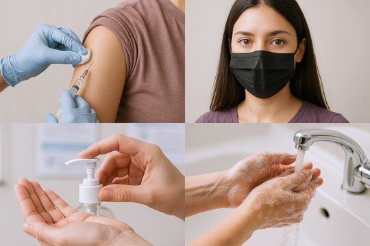 Healthcare and hygiene concepts showing vaccination, facial mask and hand sanitizing in various settings. - Powered by Adobe
