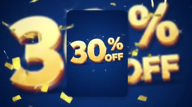 Golden "30% OFF" text with confetti on a dark blue backdrop creating a promotional graphic