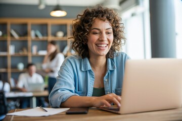 Woman with curly hair using laptop in shared workspace with bookshelves and other people in background