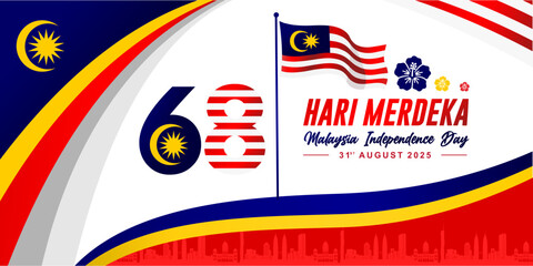 68th Malaysia "Merdeka Day" Means Independence Day 2025 greeting card, poster, banner, background, template. August 31st celebration of Hari Merdeka Malaysia national day.