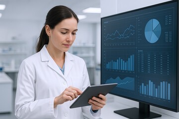 Female scientist in laboratory analyzing data on digital tablet with multiple screens.