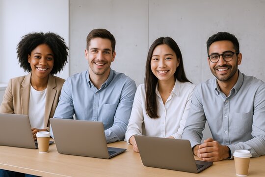 Diverse group of four young professionals smiling sitting at desk with laptops and coffee cups in modern office. - Powered by Adobe