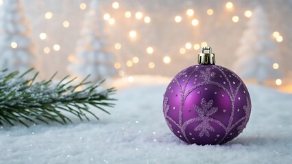 A single purple christmas ornament rests on a snowy surface with blurred festive lights in the background