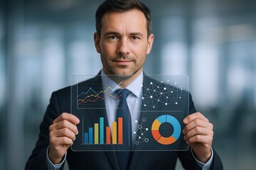 Professional businessman in formal suit using transparent digital interface with graphs and analytics.