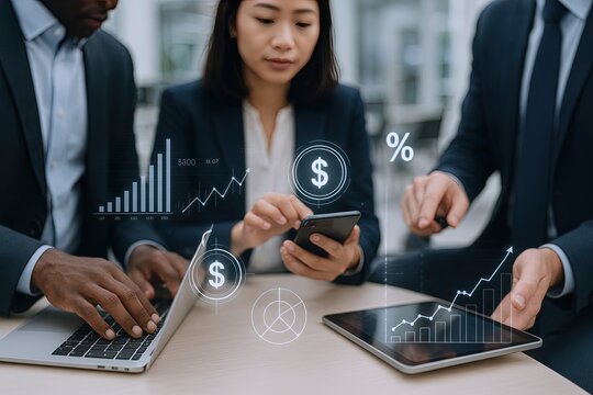 Business professionals collaborating analyzing financial charts and digital data. - Powered by Adobe