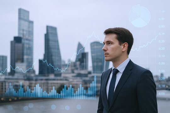 Businessman standing in front of digital financial data and city skyline background.