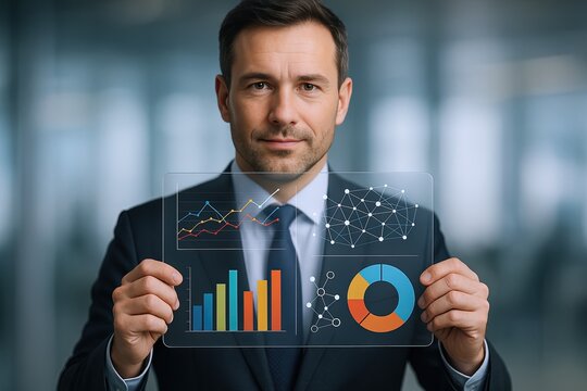 Professional businessman in formal suit using transparent digital interface with graphs and analytics.