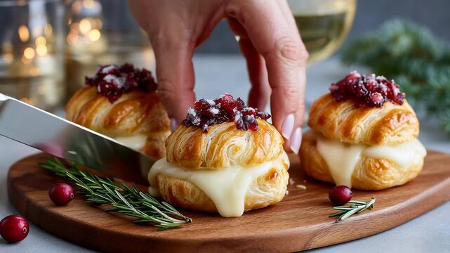 Mini puff pastry bites with melted brie and cranberry topping