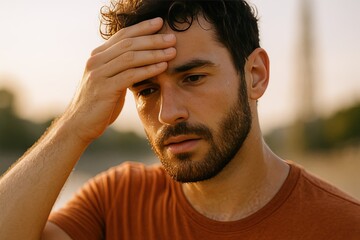 Thoughtful young man with beard touching forehead feeling stressed outdoors at sunset.