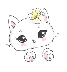 Hand Drawn cute cat vector illustration, Kids Print design, children trend print on t-shirt