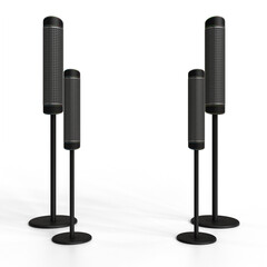 A studio shot shows four sleek, cylindrical air purifiers on stands, arranged in two pairs of varying heights.  The purifiers are dark gray with subtle textural detail, and the stands are simple