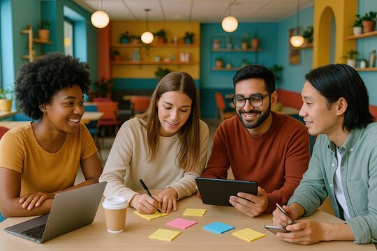 Diverse group of young adults using digital devices and engaging in conversation in colorful modern cafe. - Powered by Adobe