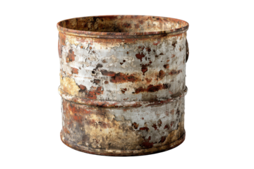 Old metal barrel shows signs of rust and decay making it perfect for a post apocalyptic scene