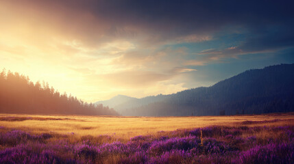 Breathtaking sunrise over lavender fields mountain valley nature photography serene landscape panoramic view tranquility and beauty