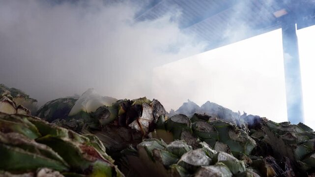 SLOW MOTION SHOT OF AN AGAVE FURNACE IN A MEZCAL FACTORY AT OAXACA WITH SMOKE COMING OUT FULL OF ESPADIN AGAVE