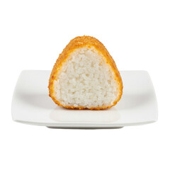 Crispy coated onigiri rice ball on a square white plate, studio shot