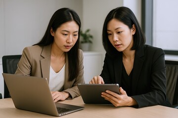 Obraz premium Two professional women working together using digital devices in modern office setting.