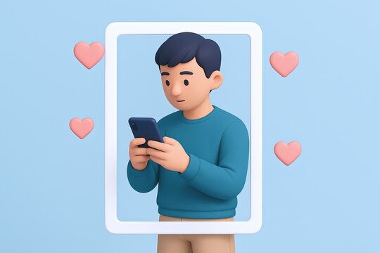 Young man using smartphone in a digital frame with floating hearts on light blue background.