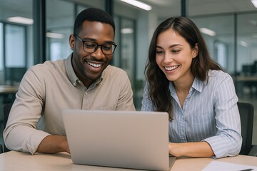 Two diverse young professionals working together smiling using laptop in modern office.