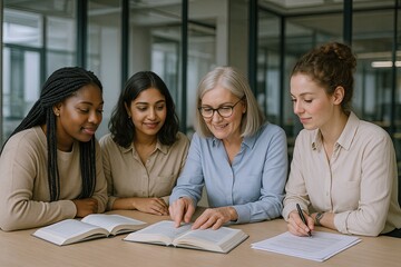 Fototapeta premium Diverse group of young women and a middle-aged woman studying together in a modern classroom.