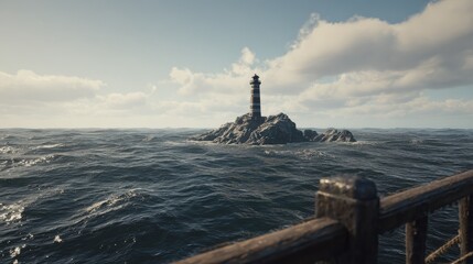 Striking lighthouse stands tall on rocky island amidst ocean waves under cloudy sky seascape scenery