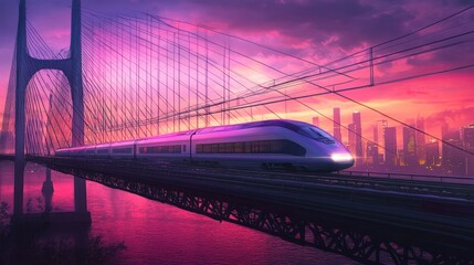 Futuristic high-speed train crossing a modern cable-stayed bridge at vibrant sunset over a cityscape.