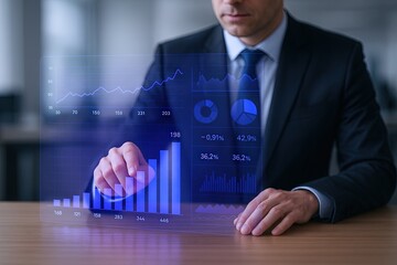 Businessman in formal suit analyzing digital financial charts with graphs and data.