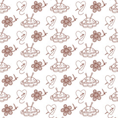 Sewing pattern, embroidery. Flower-shaped needle cushion, embroidered flower, heart-shaped needle with thread. Seamless color doodle texture. For packaging handmade products, made with love