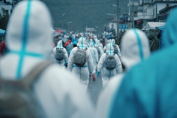 Crowd of people wearing protective suits and backpacks walking along a street during daytime outdoors