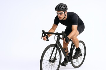 Male cyclist in black sportswear and helmet riding a sleek road bike against a plain white background.