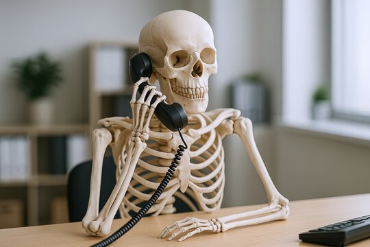 Realistic human skull skeleton model talking on vintage black telephone at office desk.