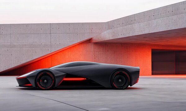 Sleek black hypercar design in modern architectural space at sunset