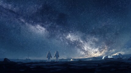 Two astronauts explore a distant planet under a breathtaking starry night sky with milky way galaxy view