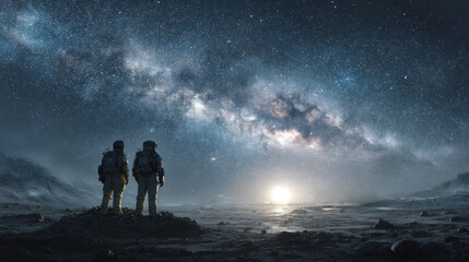 Two astronauts exploring a barren alien planet while gazing at a magnificent galaxy