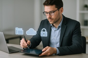 Businessman in formal suit using tablet with digital cloud security icons in modern office environment.