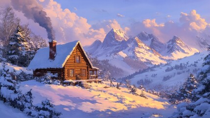 Cozy snow-covered cabin nestled in a picturesque mountain valley at sunset.