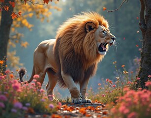 A golden lion walking in a magnificent forest filled with colorful flowers. AI generate