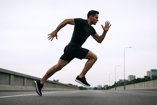 Energetic young man running quickly on an empty bridge in casual sportswear outdoors.