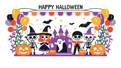 Happy halloween scene with skeletons, witch, ghost, pumpkins, balloons, bats, and a haunted castle design