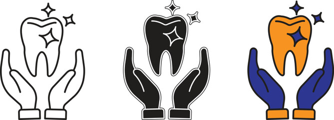 Tooth in sparkling shine with stars icon representing perfectly clean and whitened teeth with transparent background