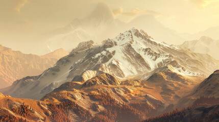 Mountain Peaks with Golden Hue, Generative AI Illustration