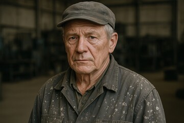 Fototapeta premium Elderly man with serious expression wearing a cap and jacket in an industrial setting.
