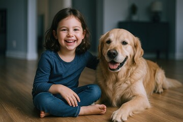 Happy young girl sitting on floor with smiling golden retriever dog indoors at home.