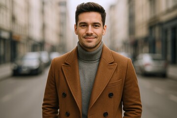 Fototapeta premium Confident young man smiling in city street wearing smart casual coat and sweater outdoor.