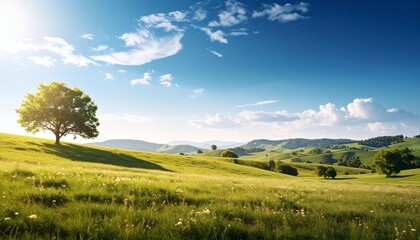 Obraz premium 雲の広がる青空の下の木々と草原