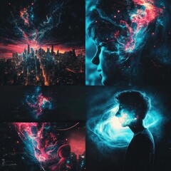 Futuristic cityscape merging with cosmic nebulae, abstract portrait of a person with glowing energy fields.