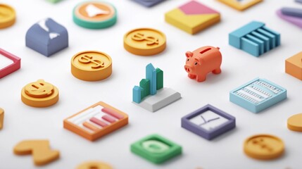 Colorful financial symbols and objects arranged on a light surface, highlighting themes of savings, investment, and economic growth